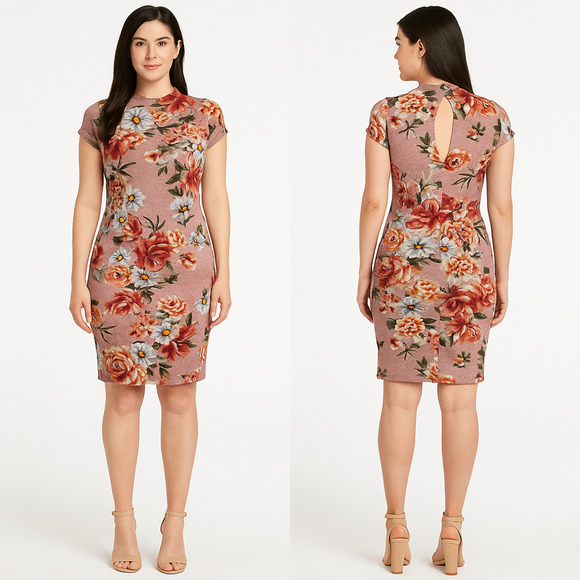 IRIS Juniors Pink Floral‎ Bodycon Dress Size M Short Sleeve Stretch Casual Party - Picture 1 of 5